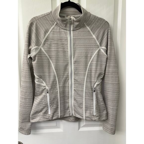 Athleta Powervita Elation Mesh Active zip jacket Medium oatmeal grey white - Picture 2 of 11